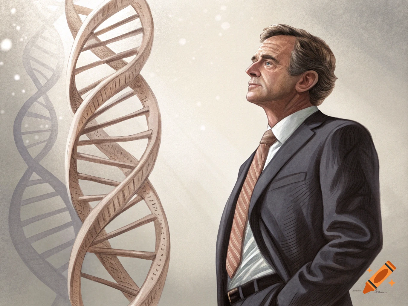 Illustration of a man in a suit looking up at a large DNA helix.