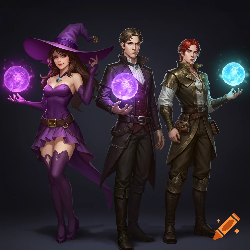 Three fantasy characters, a woman in a witch hat and two men, holding glowing magical orbs in an illustration.