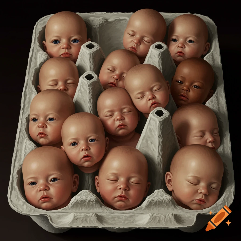 Surreal image of realistic baby heads in an egg carton.
