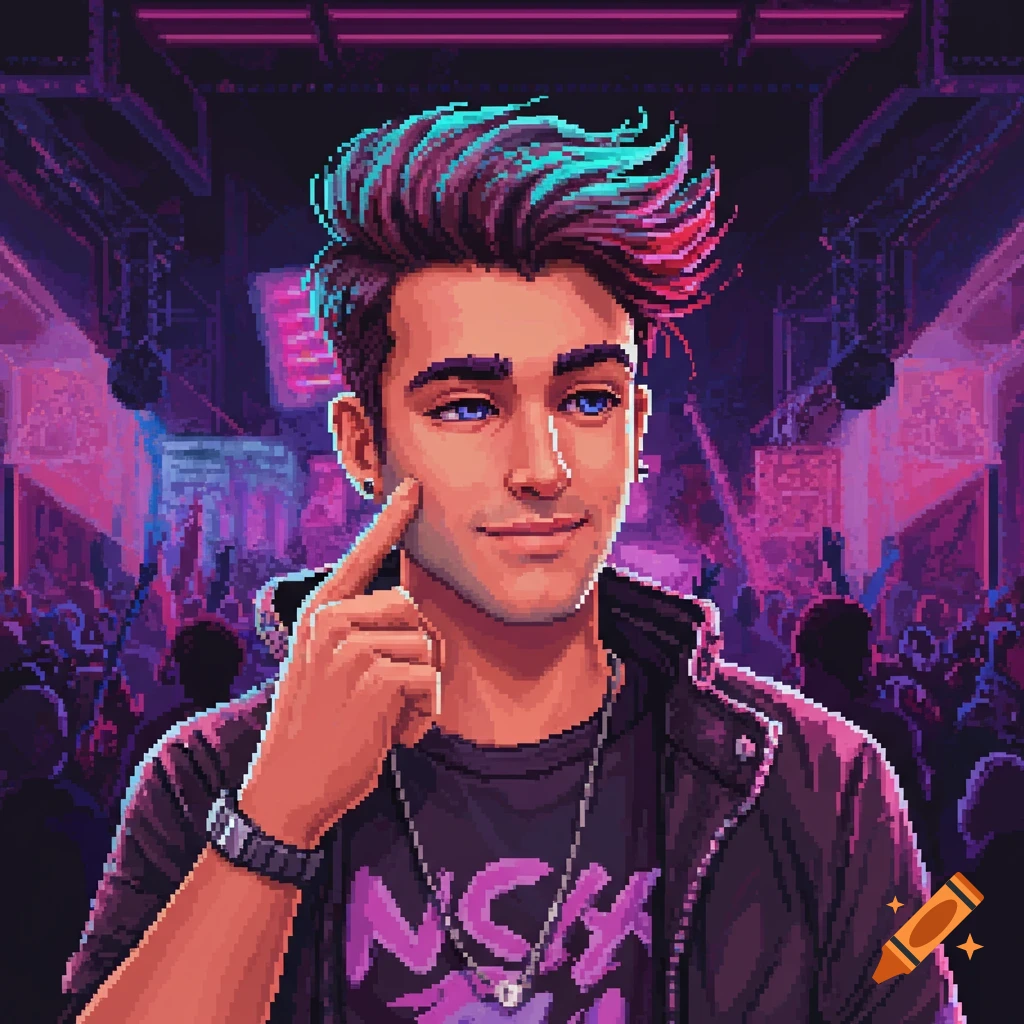 Pixel art portrait of a cool young man with colorful spiked hair and a jacket, standing in a crowded club.