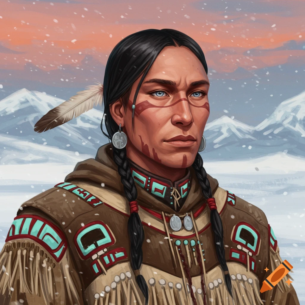 A man with face paint and braids is in a snowy mountain landscape.