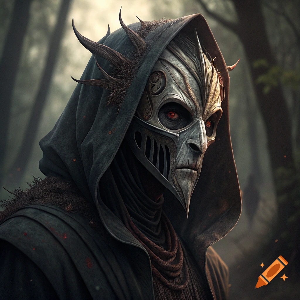 A hooded figure wearing a detailed, gnarled mask stands in a forest.