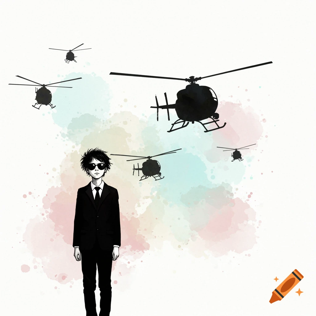 Watercolor illustration of a boy in a suit and sunglasses with several helicopters.