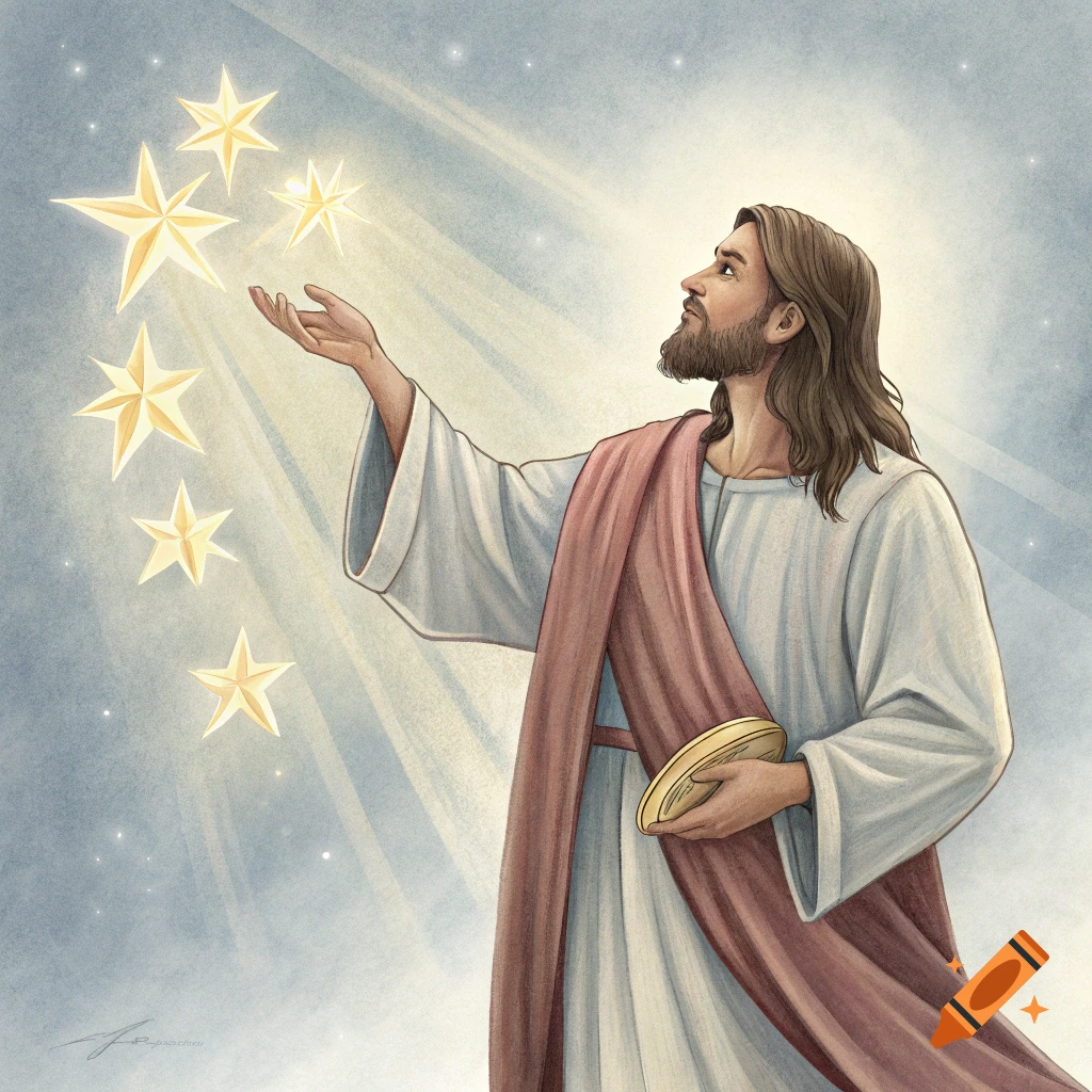 Illustration of Jesus reaching towards golden stars in the sky, wearing a robe and sash and holding a disc.