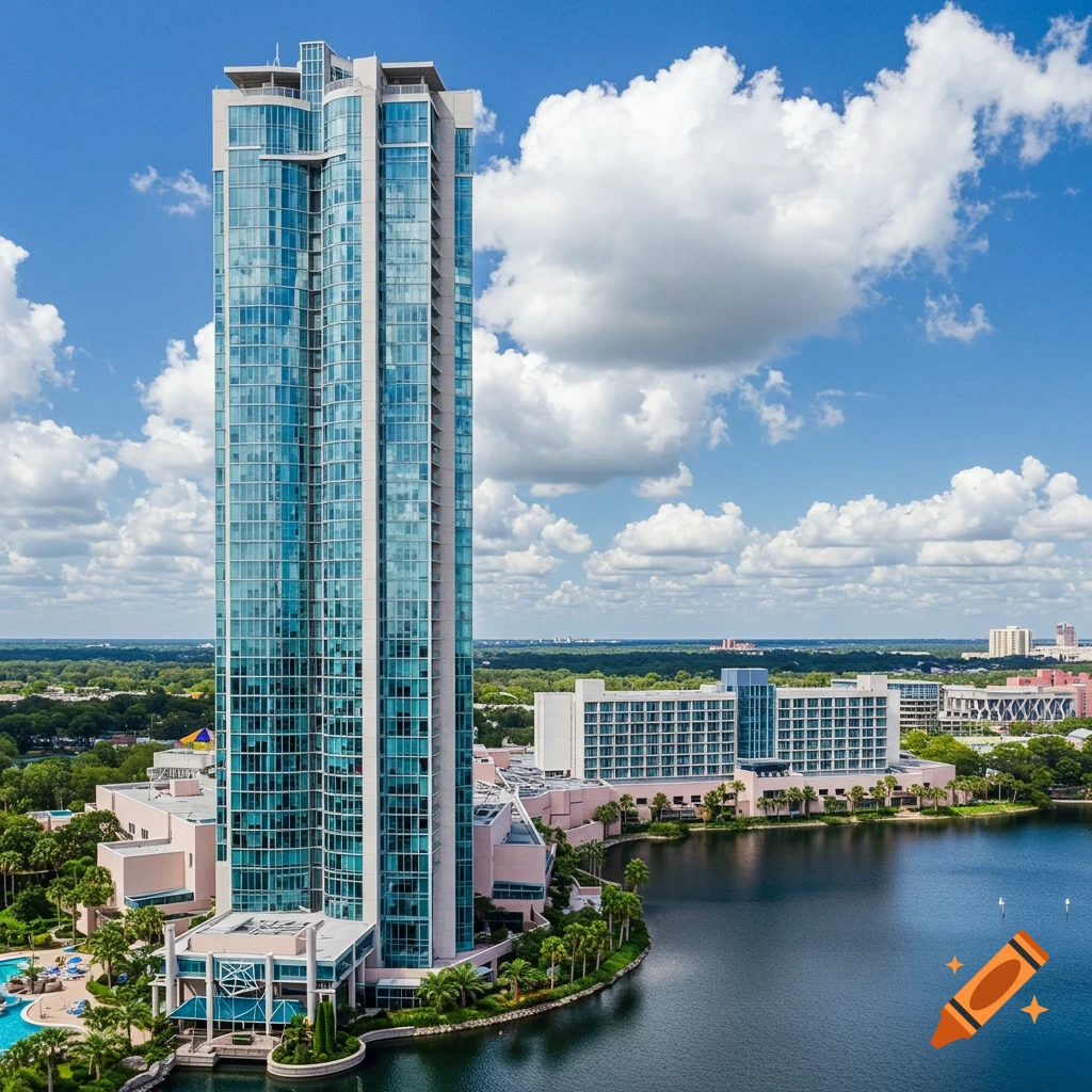 Tall, modern glass resort tower standing next to a lake with other buildings and trees under a cloudy blue sky.