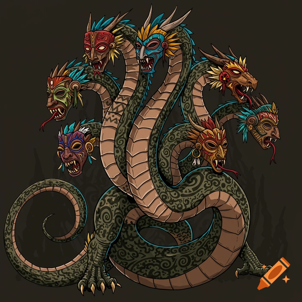 A tribal style hydra with multiple snake-like heads wearing colorful masks.