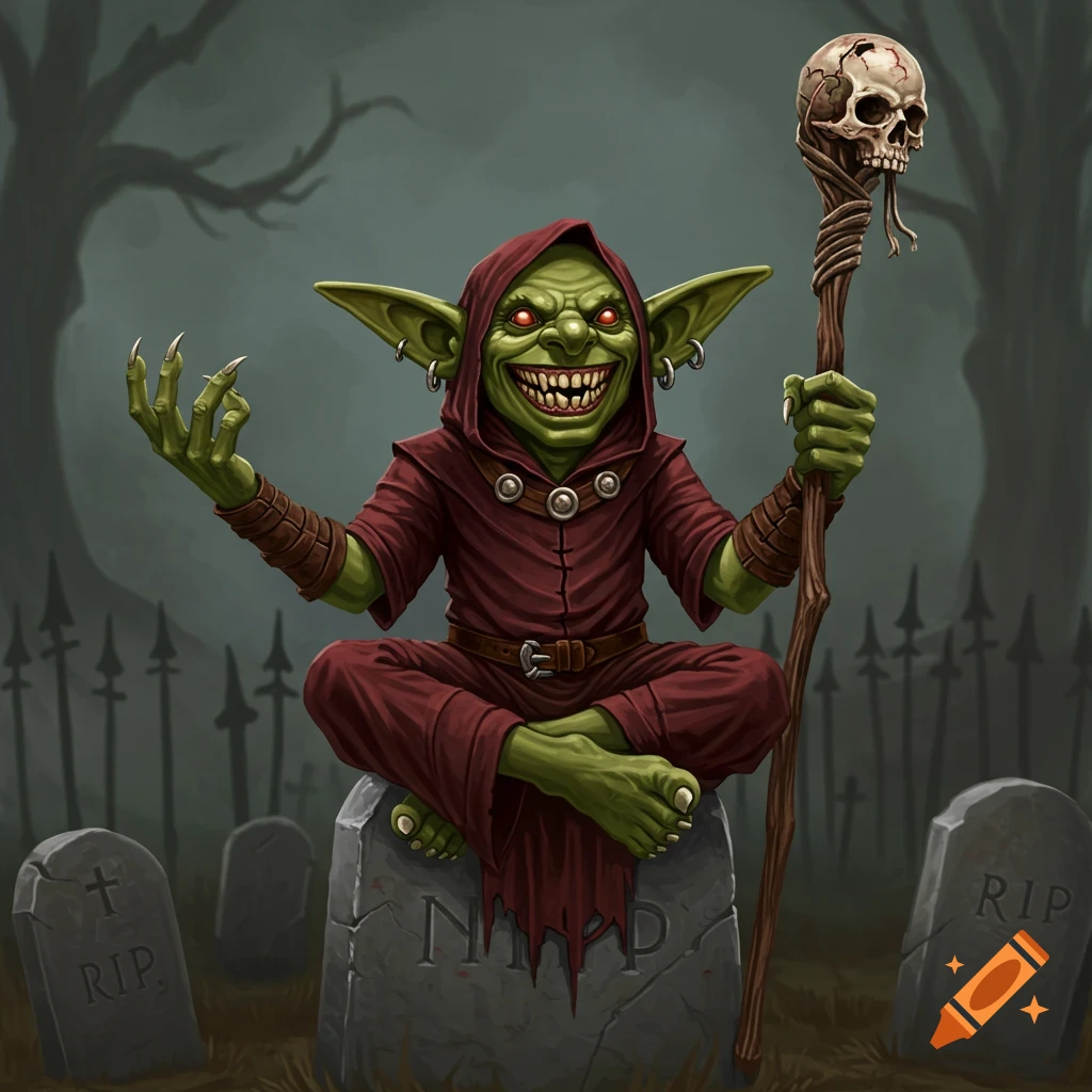 A smiling green goblin necromancer in red robes sits on a gravestone, holding a skull staff in a dark cemetery.