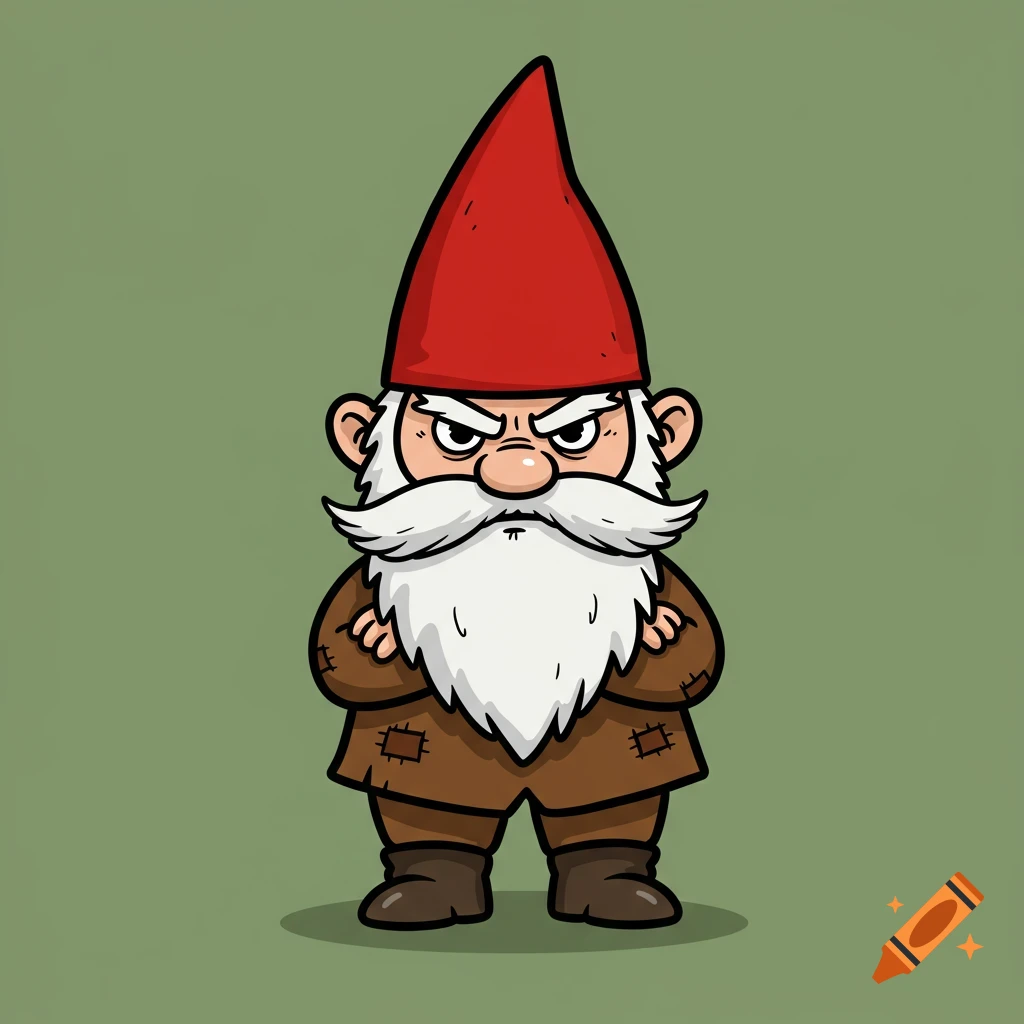 Cartoon illustration of a grumpy garden gnome with a red hat and white beard, arms crossed.