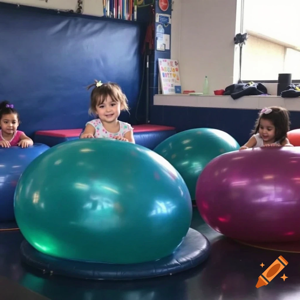 Three young girls playing on colorful inflatable balls indoors.
