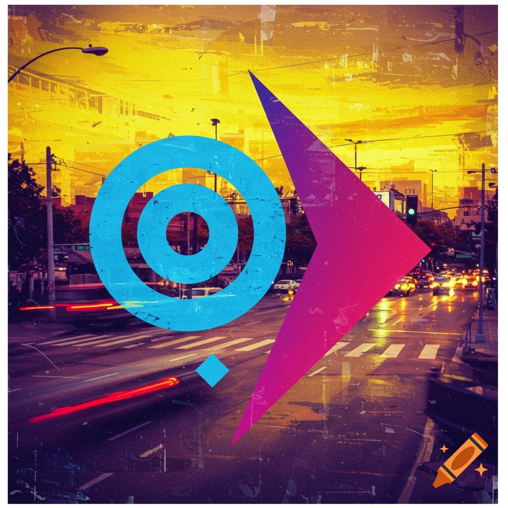 Abstract blue circle and pink arrow over a motion-blurred urban street scene at sunset.
