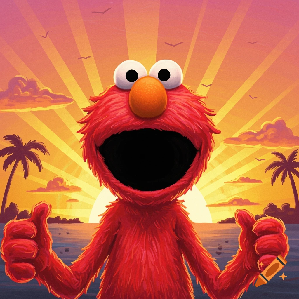 Elmo gives a thumbs up on a beach at sunrise.