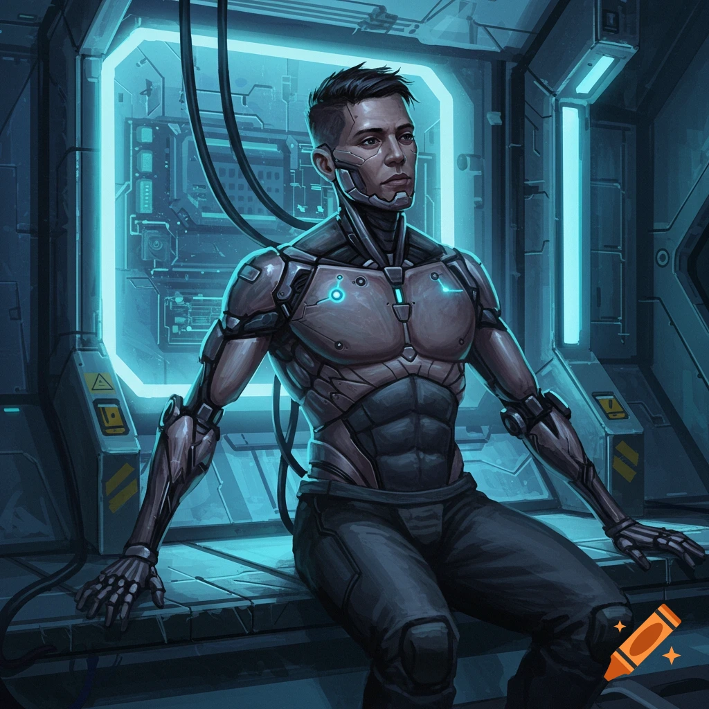 Image of a cyborg with exposed metallic parts sitting in a futuristic charging station with blue lights.