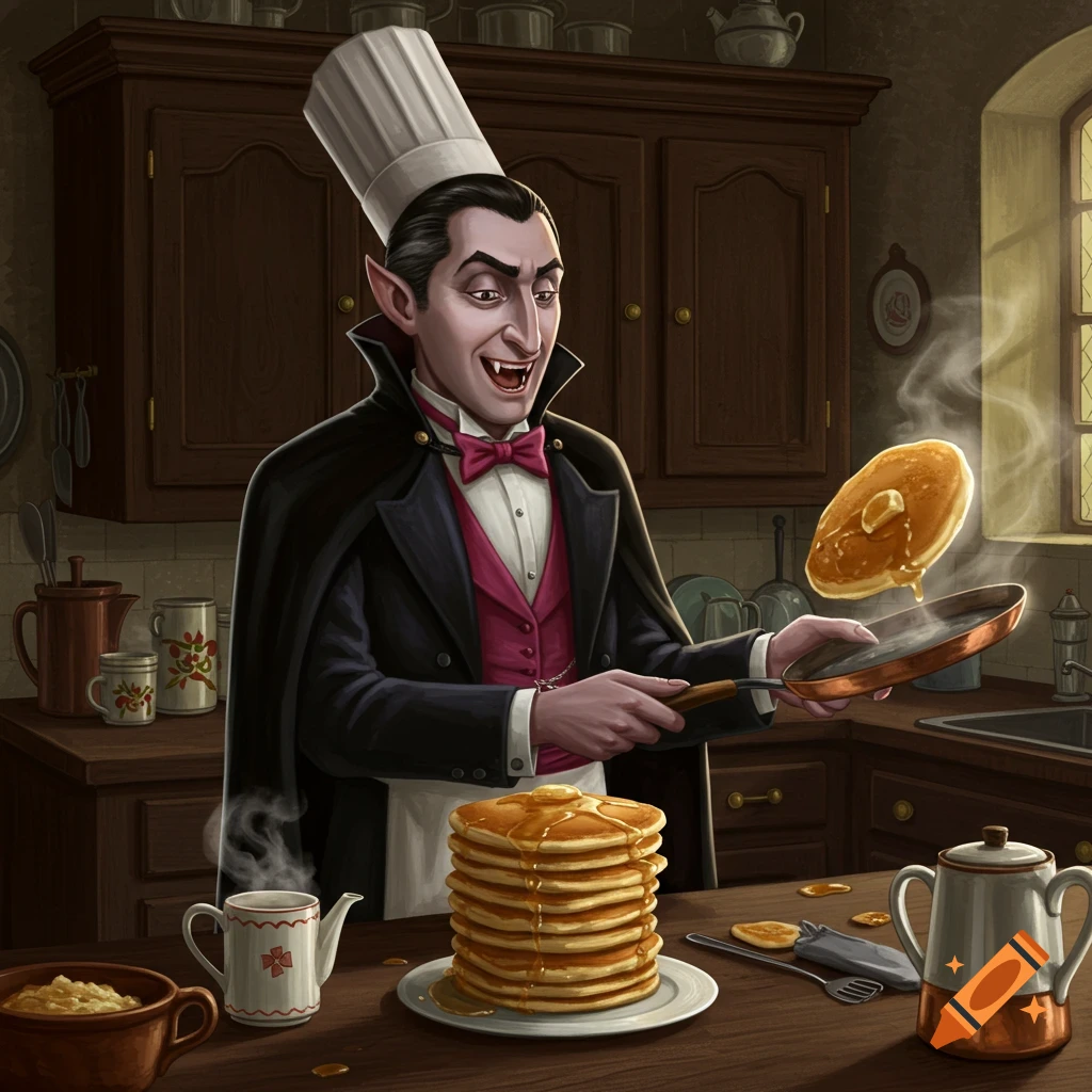 Count Dracula flipping a pancake in a kitchen.