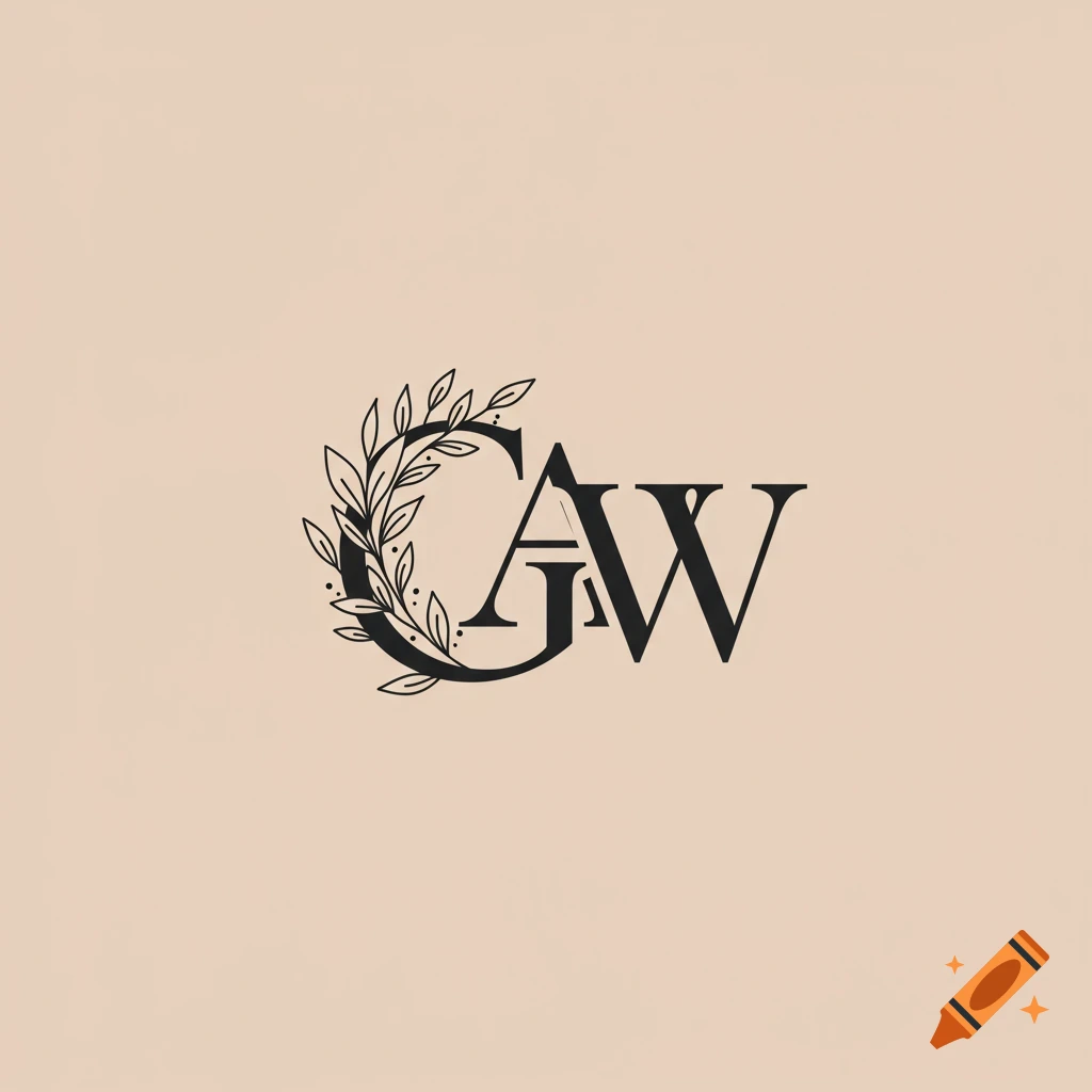 A black stylized monogram combining the letters G, A, and W, adorned with leafy branches, on a light beige background.