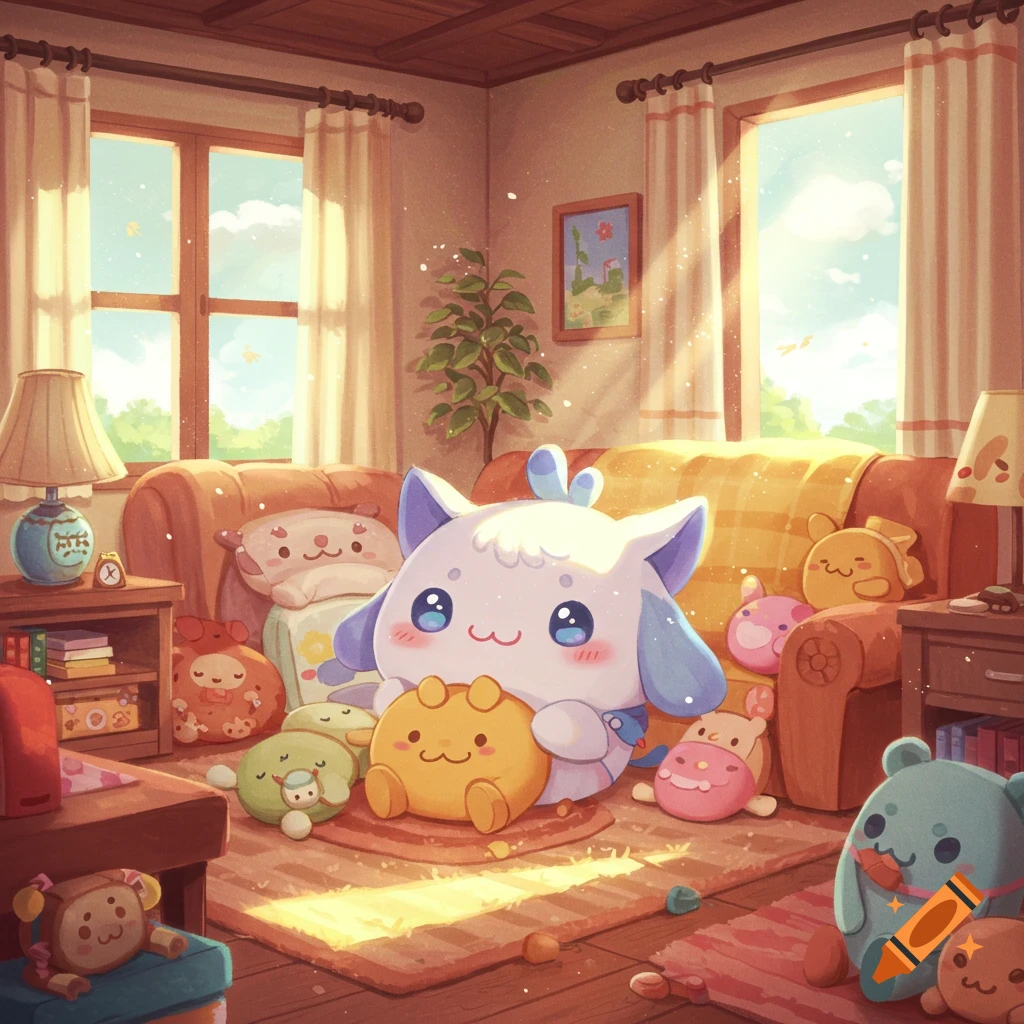 A large cute cartoon character sits among many plush toys in a sunlit room with windows and furniture.