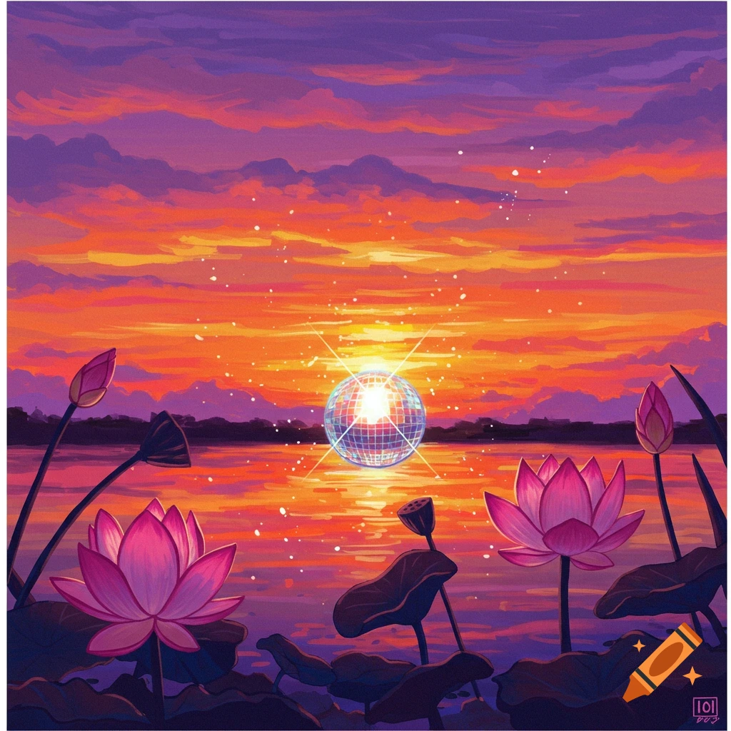 A disco ball reflects the sunset over a lake with pink lotus flowers in the foreground.