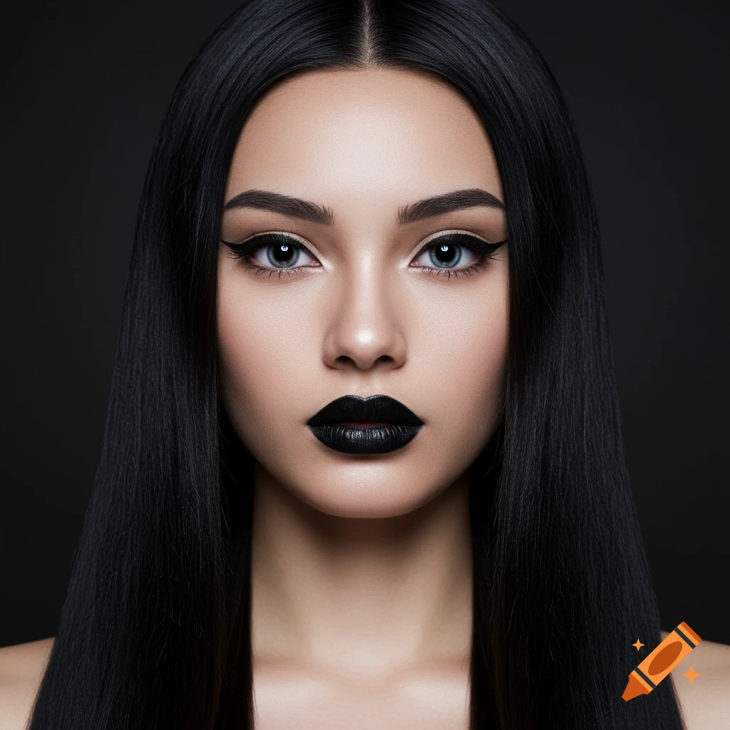 Close-up portrait of a woman with black lipstick and winged eyeliner.