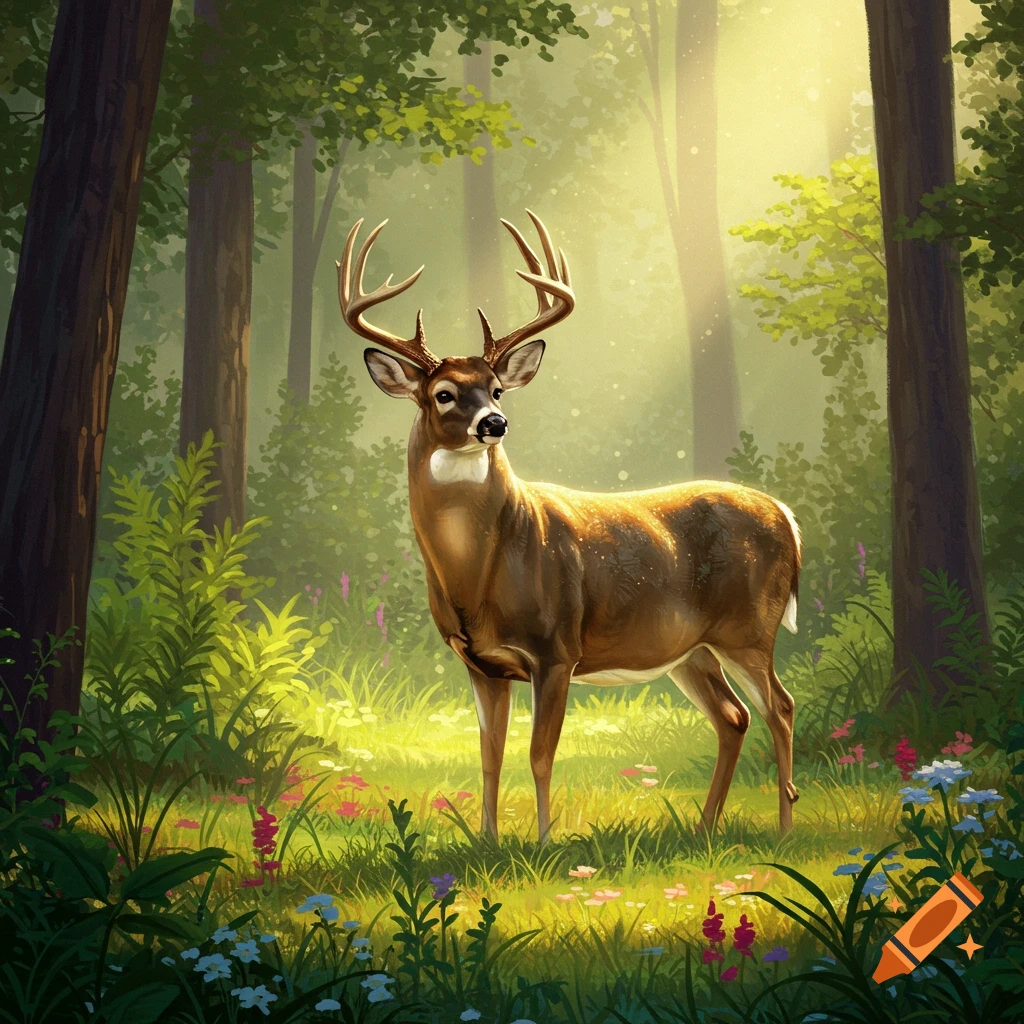 A deer in a sunlit forest clearing.