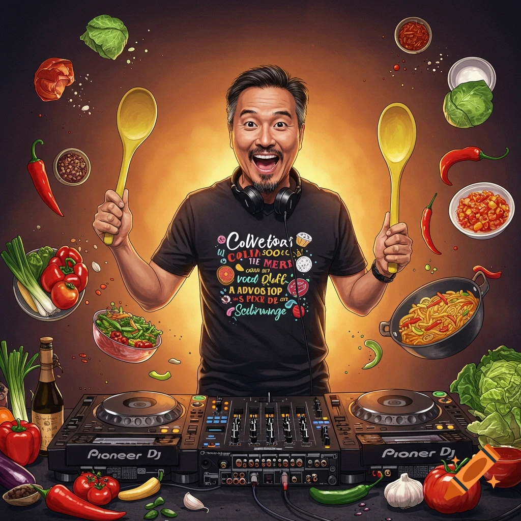 A man dressed as a DJ holding spoons, surrounded by cooking ingredients and DJ equipment.