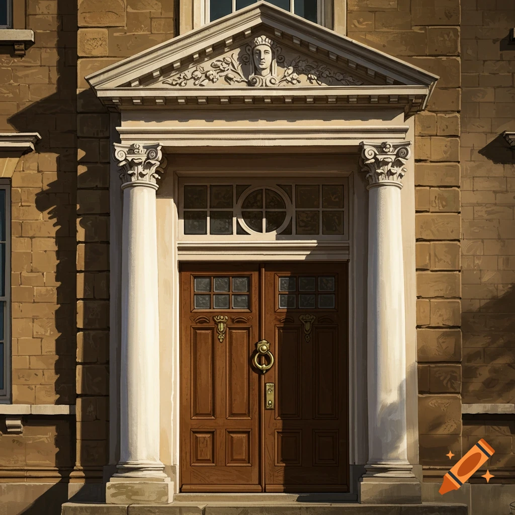 House front door with columns and ornate pediment