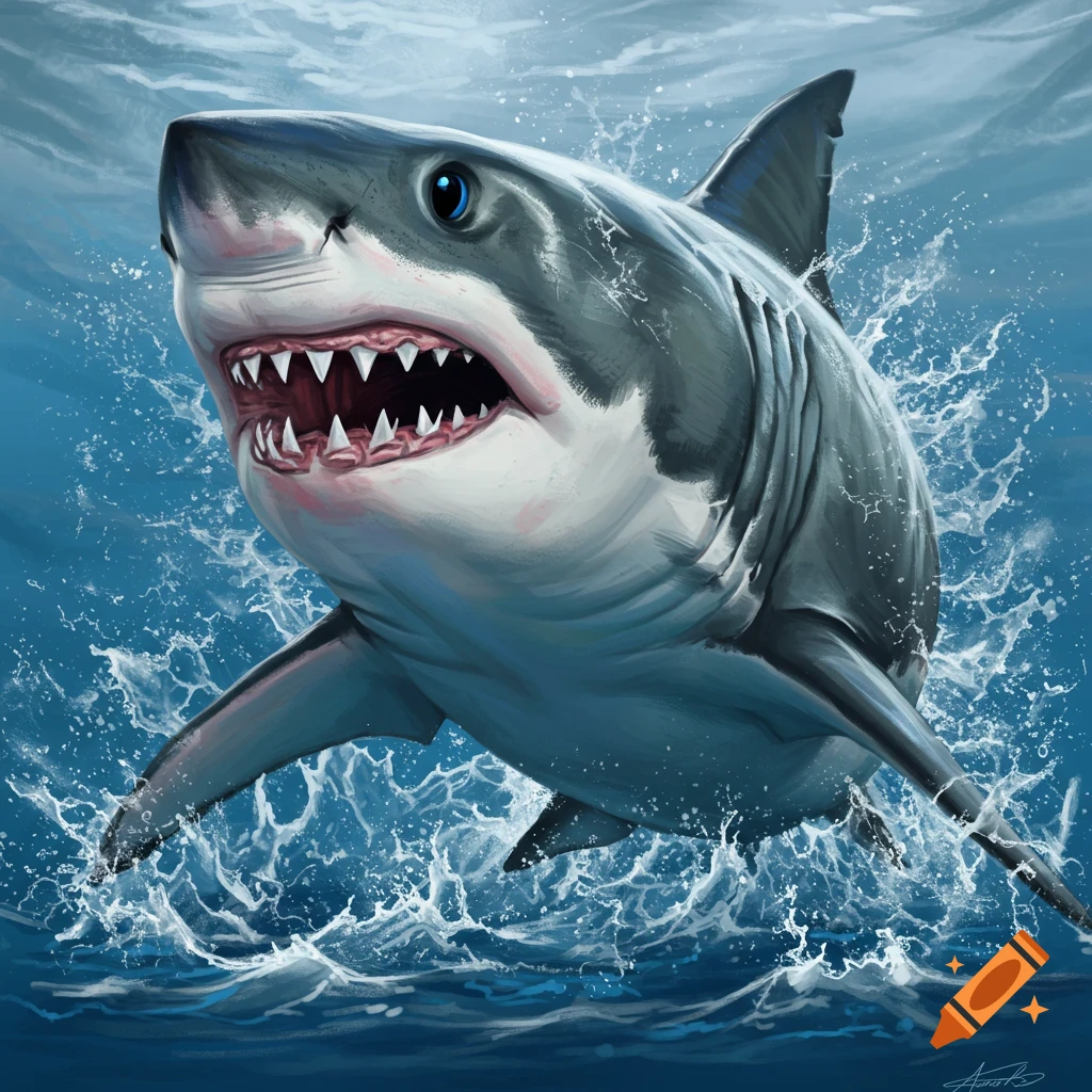 A great white shark leaping out of the water, teeth bared.