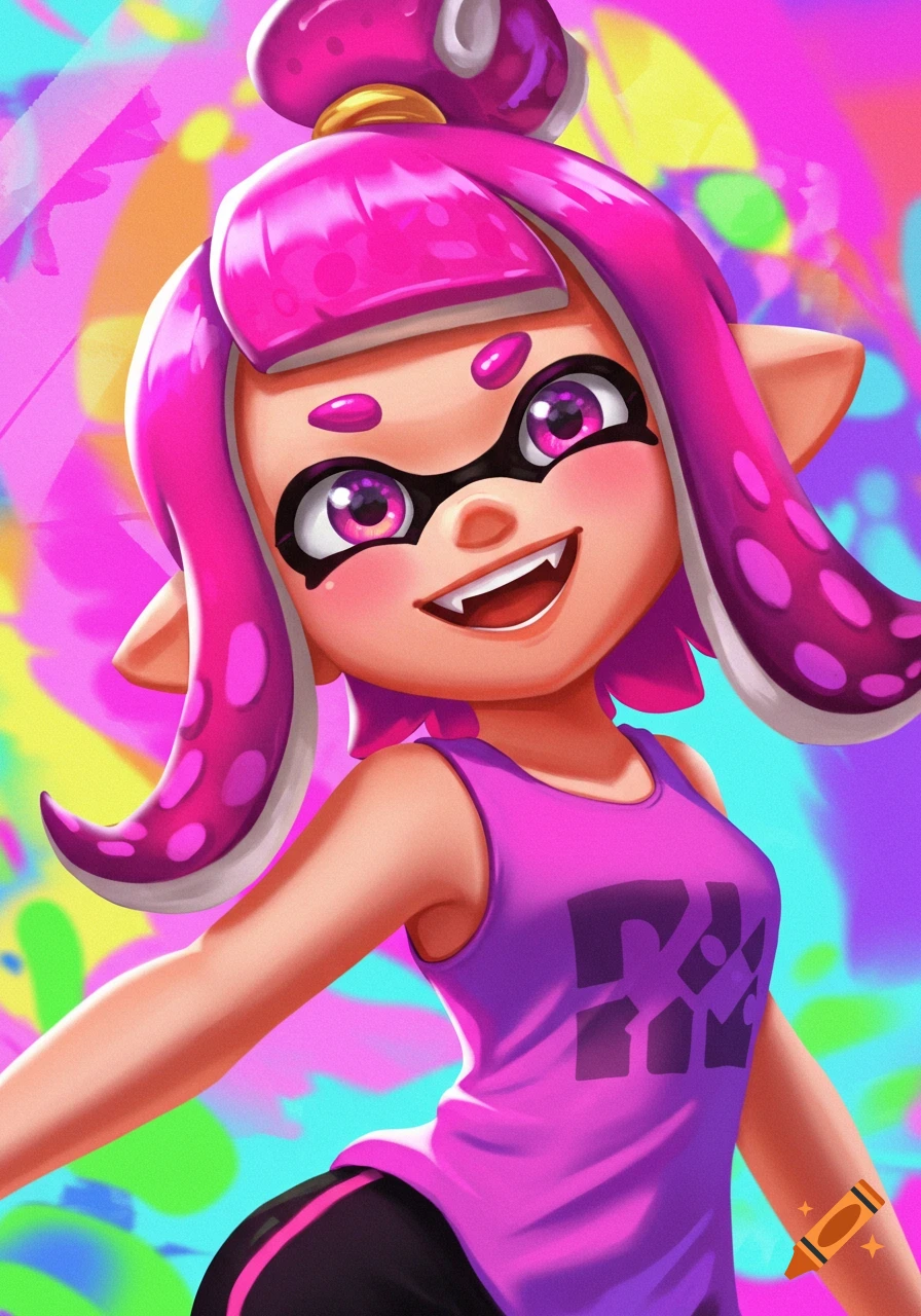A vibrant image of Frye from Splatoon smiling against a colorful background.