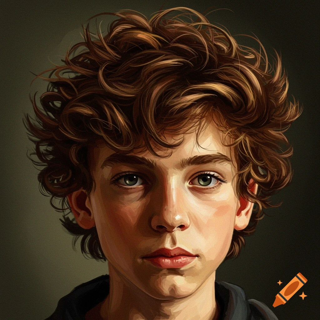 Close-up portrait of a young boy with curly brown hair and green eyes.