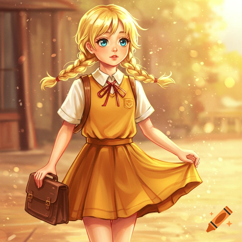 Anime girl with blonde pigtails in yellow school uniform holding a satchel