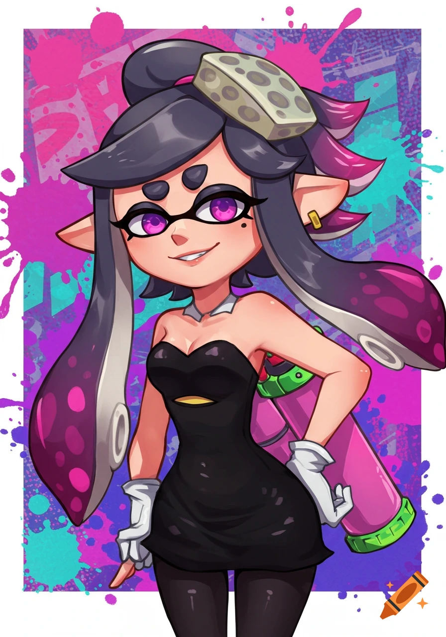 Callie from Splatoon in a black dress with purple and pink splattered background.