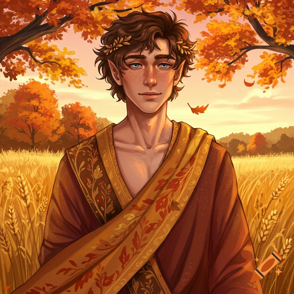 A young man with pointed ears and a leaf crown stands in a field of wheat under autumn trees.