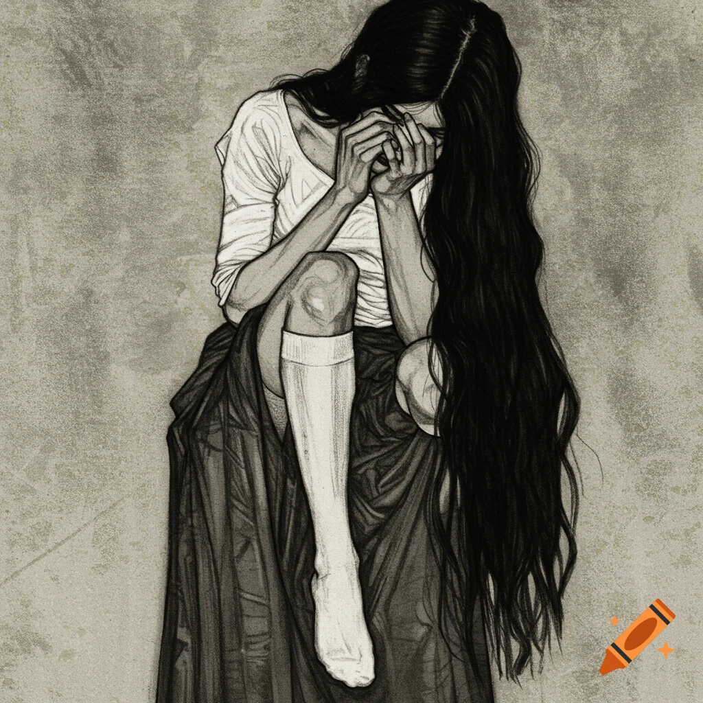 Drawing of a woman sitting, covering her face, in the style of Egon Schiele.