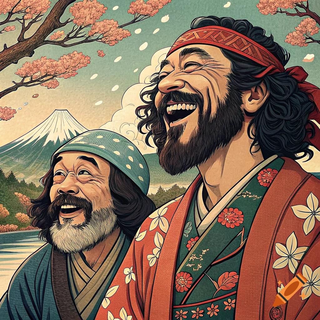 Two men in traditional Japanese clothing laughing heartily in a woodblock print style, with Mount Fuji and cherry blossoms in the background.