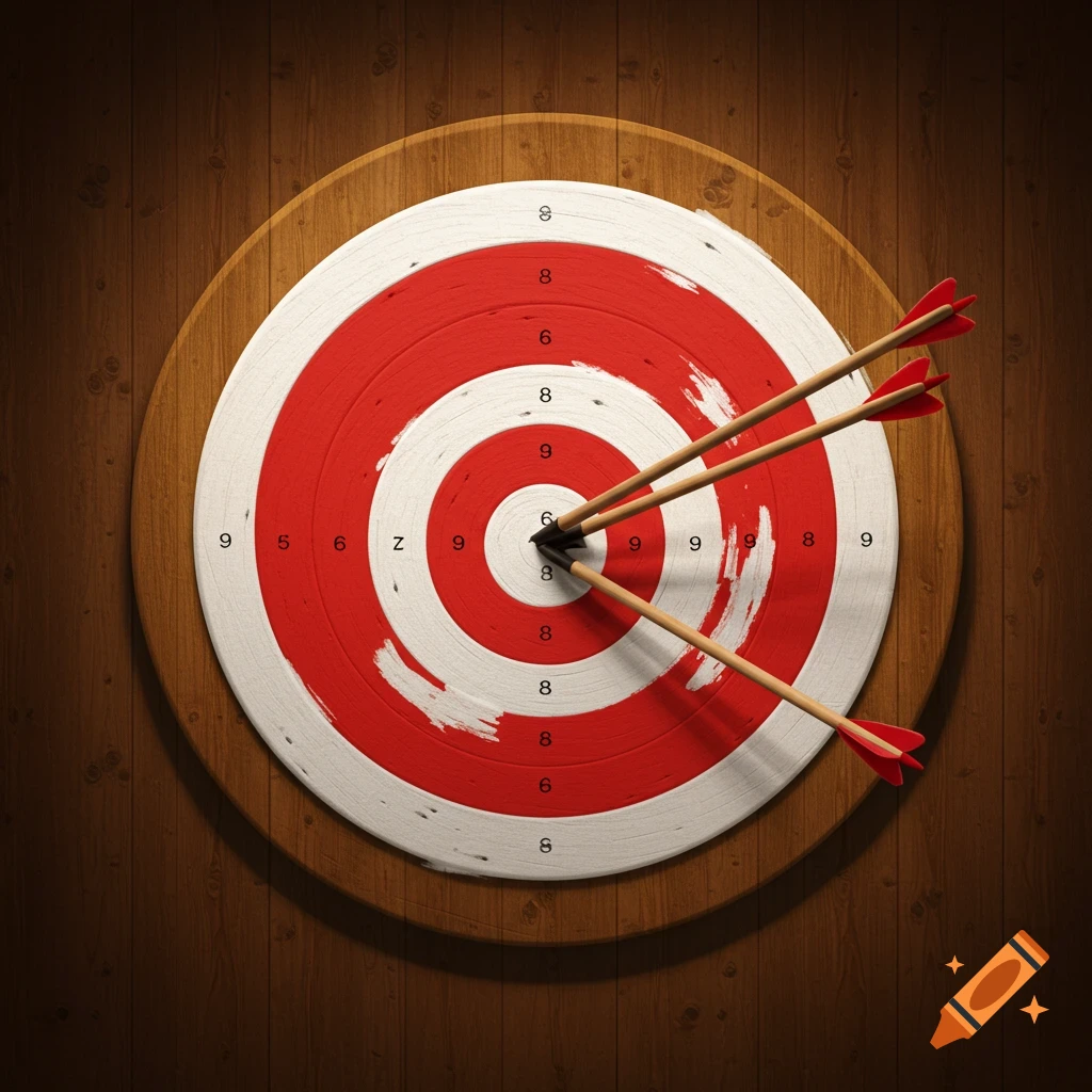 Arrows hit a red and white target board on a wooden wall