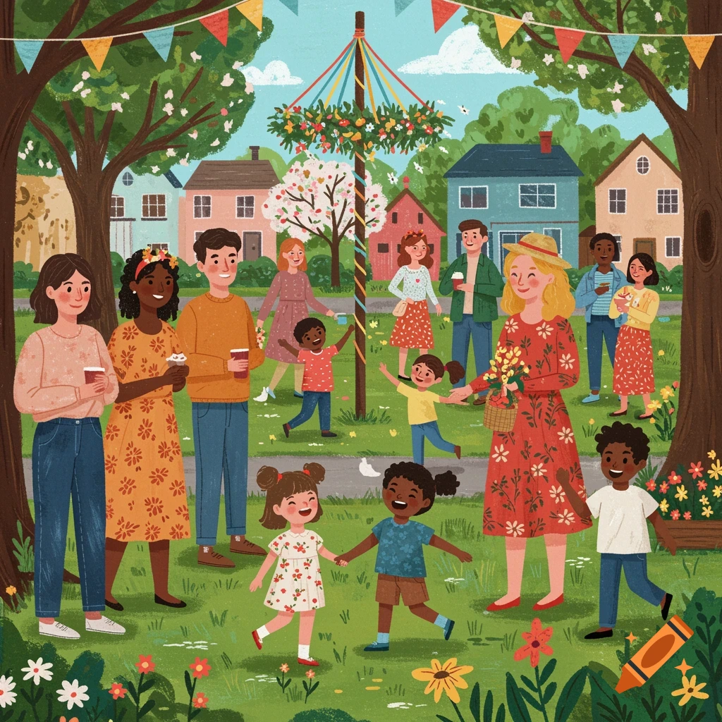 Whimsical illustration of a diverse community celebrating May Day with a Maypole in a park.
