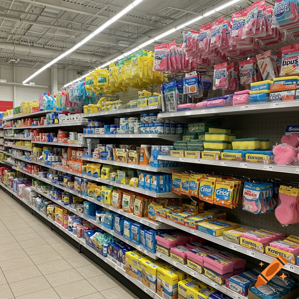 A store aisle with shelves stocked with cleaning supplies and other products