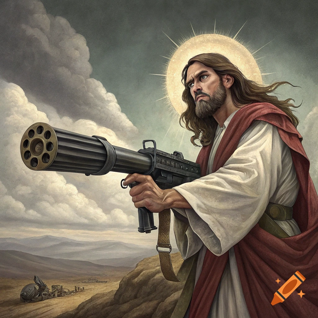 Illustration of Jesus Christ holding a Gatling gun in a rocky landscape under a cloudy sky