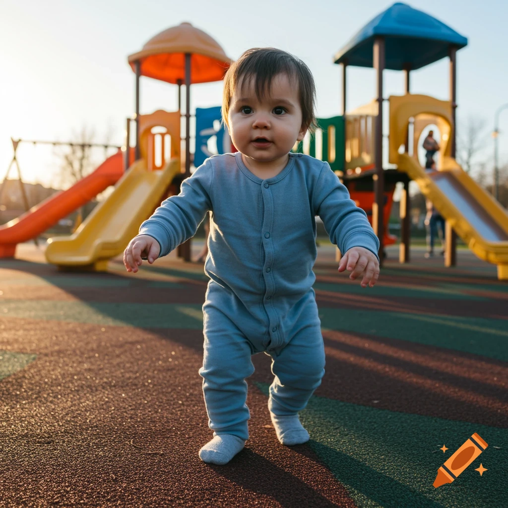 A baby in a blue onesie stands on soft playground flooring, attempting to walk.