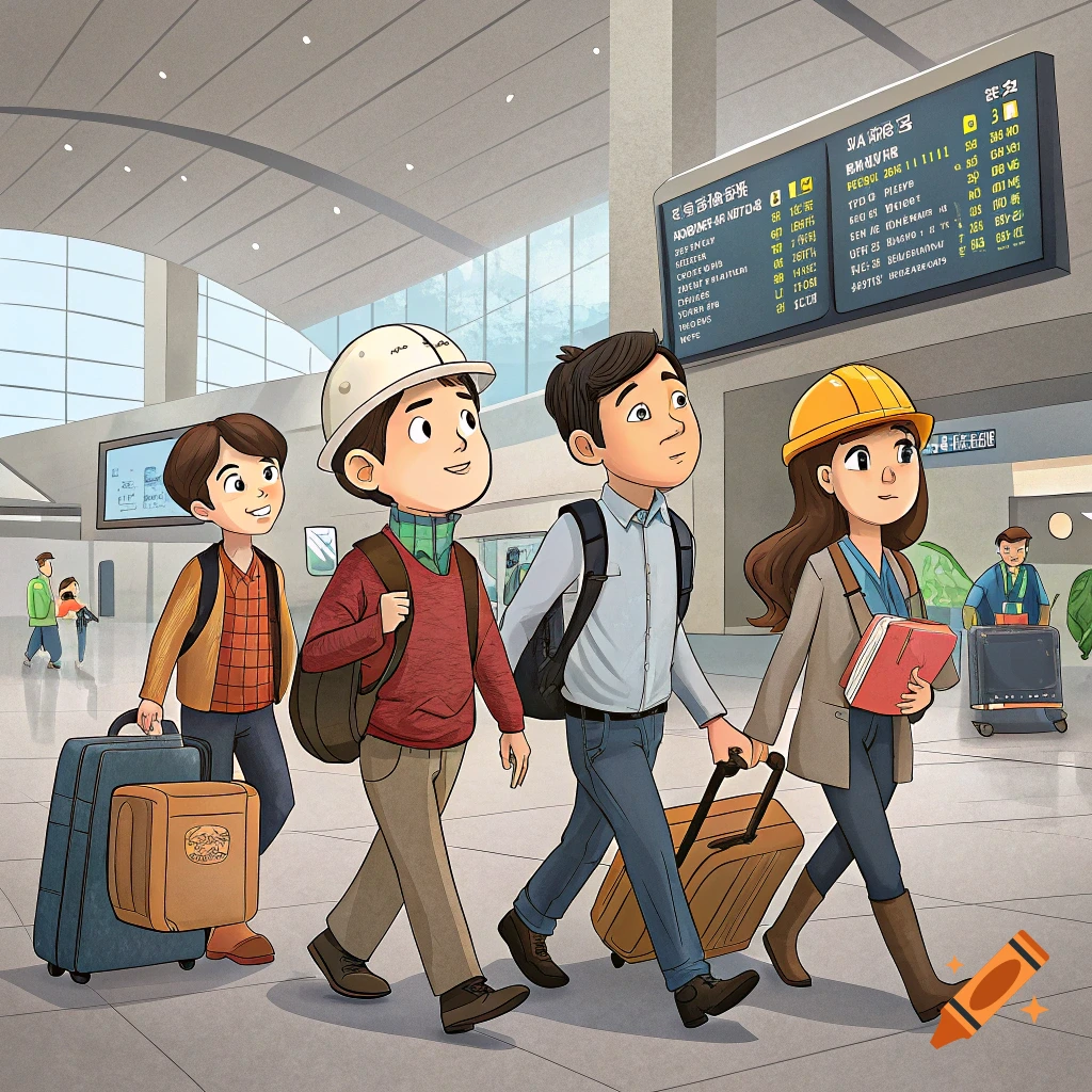 Animated image of four people with luggage walking through an airport.