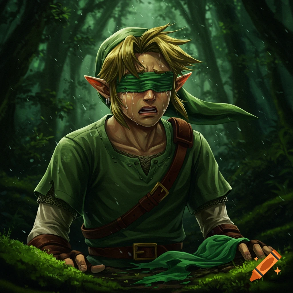 A crying, blindfolded character resembling Link is in a dark forest.