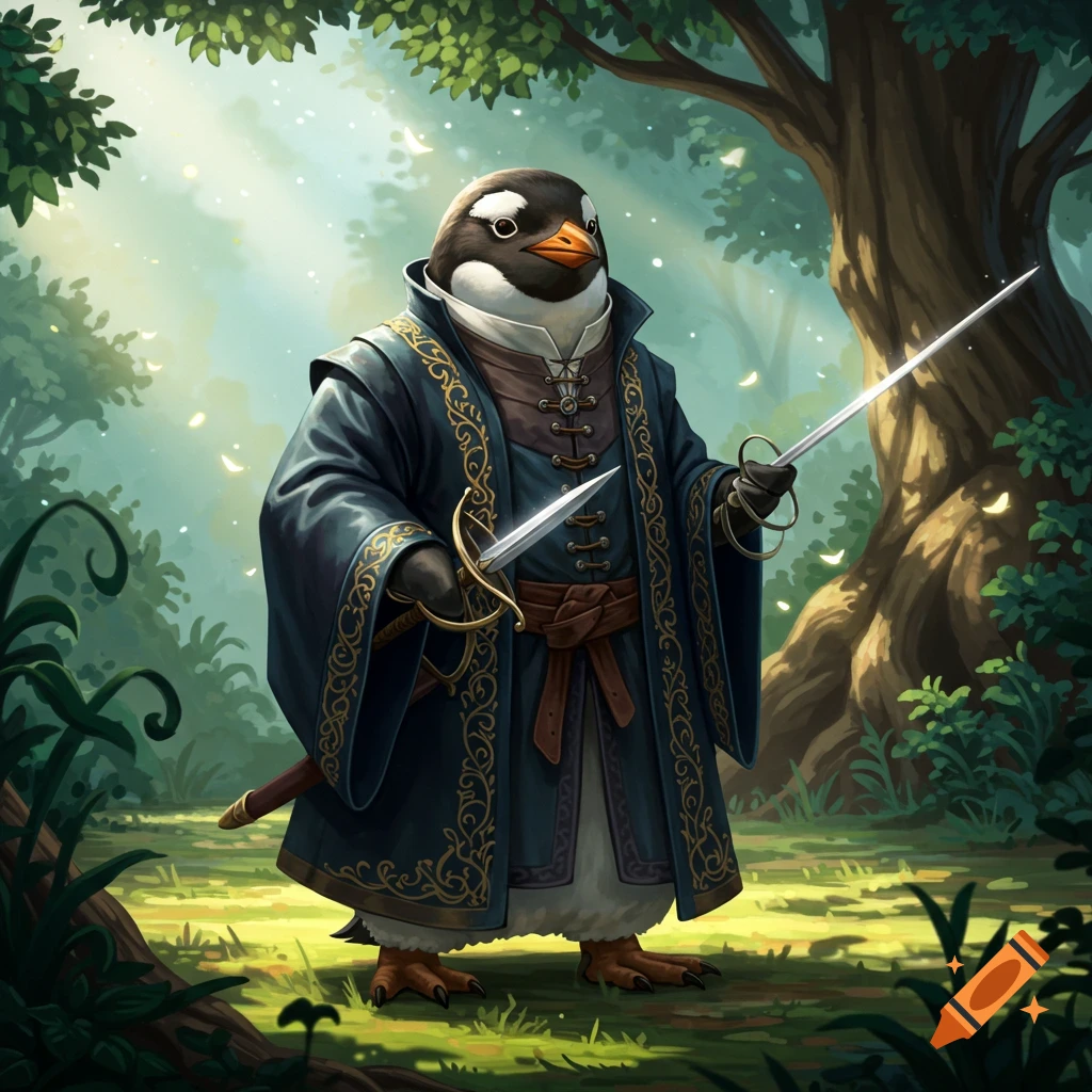 A fantasy penguin in a blue robe holds two swords in a forest. Illustration.