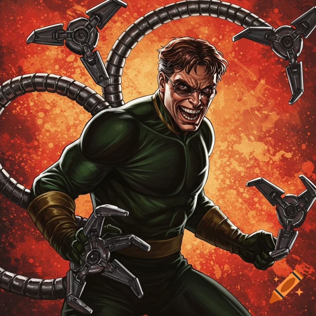 An image of Doctor Octopus with his mechanical tentacles extended, against a red background.