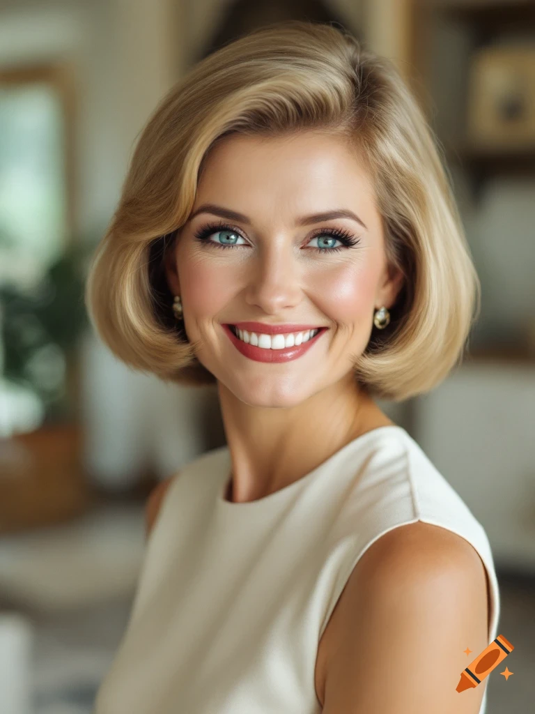 A smiling woman with blonde hair and blue eyes wears a cream sleeveless dress.