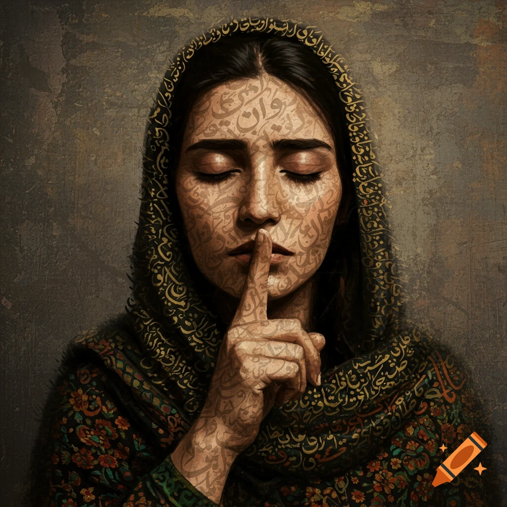 woman with closed eyes, finger to lips, covered in calligraphic texture