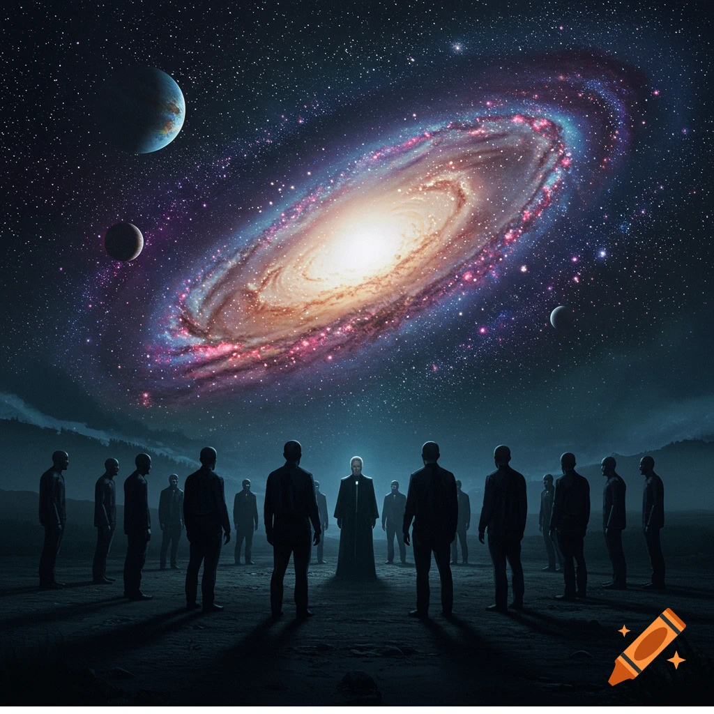 A group of figures stand looking up at a huge galaxy and planets in a starry night sky.