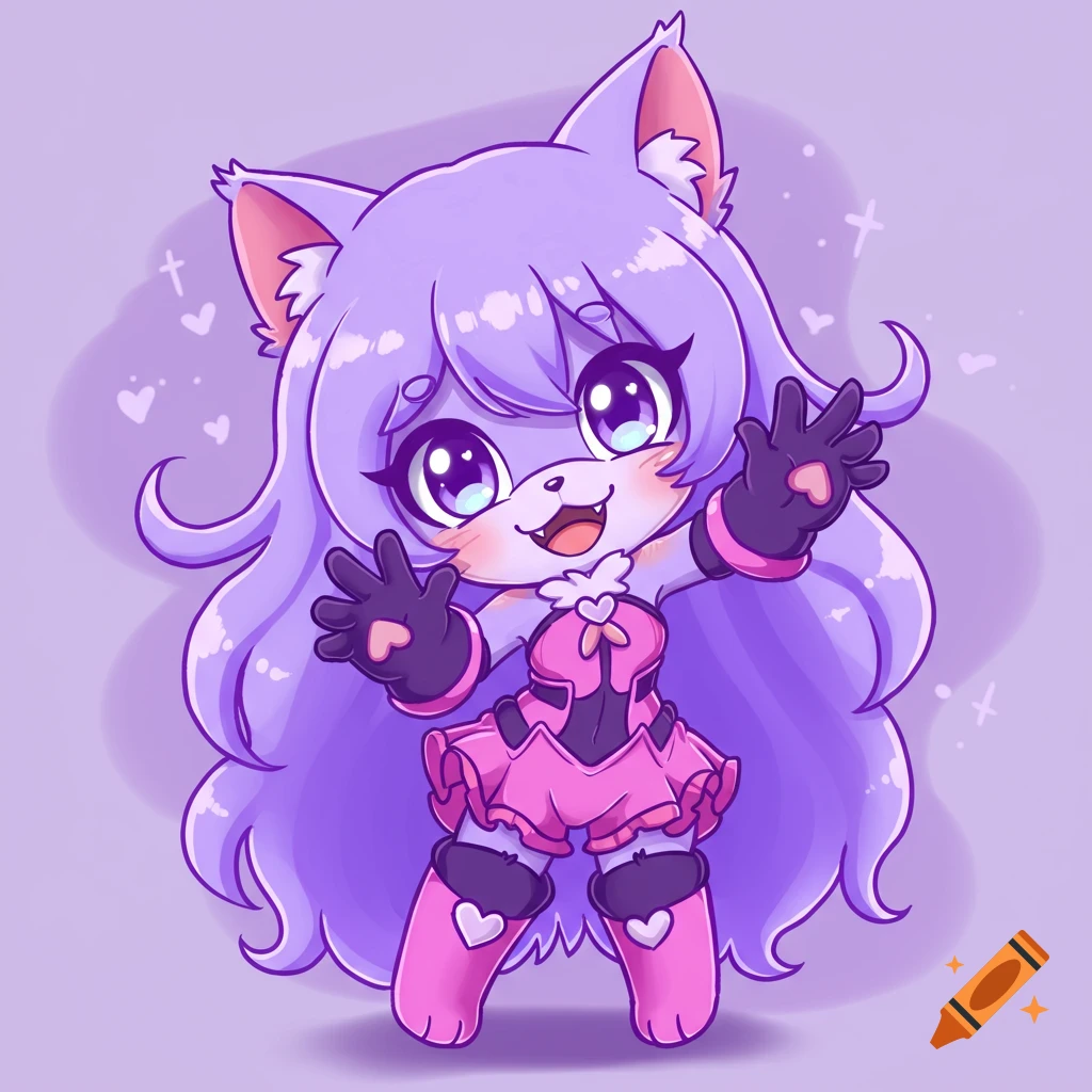 Cute anime cat girl with purple hair and pink dress on lavender background