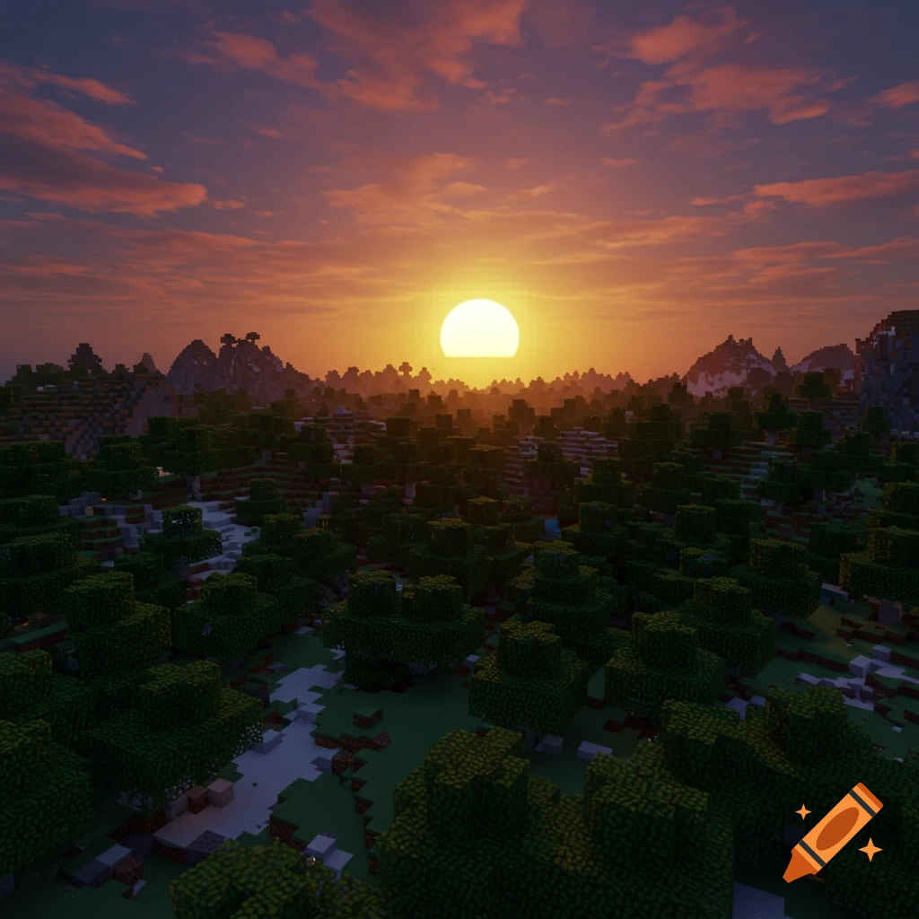 A blocky Minecraft landscape at sunset, showing forests, hills, and a river under a bright sun in an orange sky.