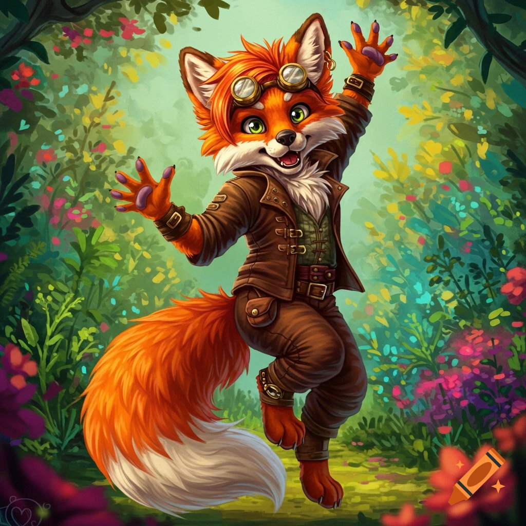 A happy furry fox in steampunk gear posing in a forest.