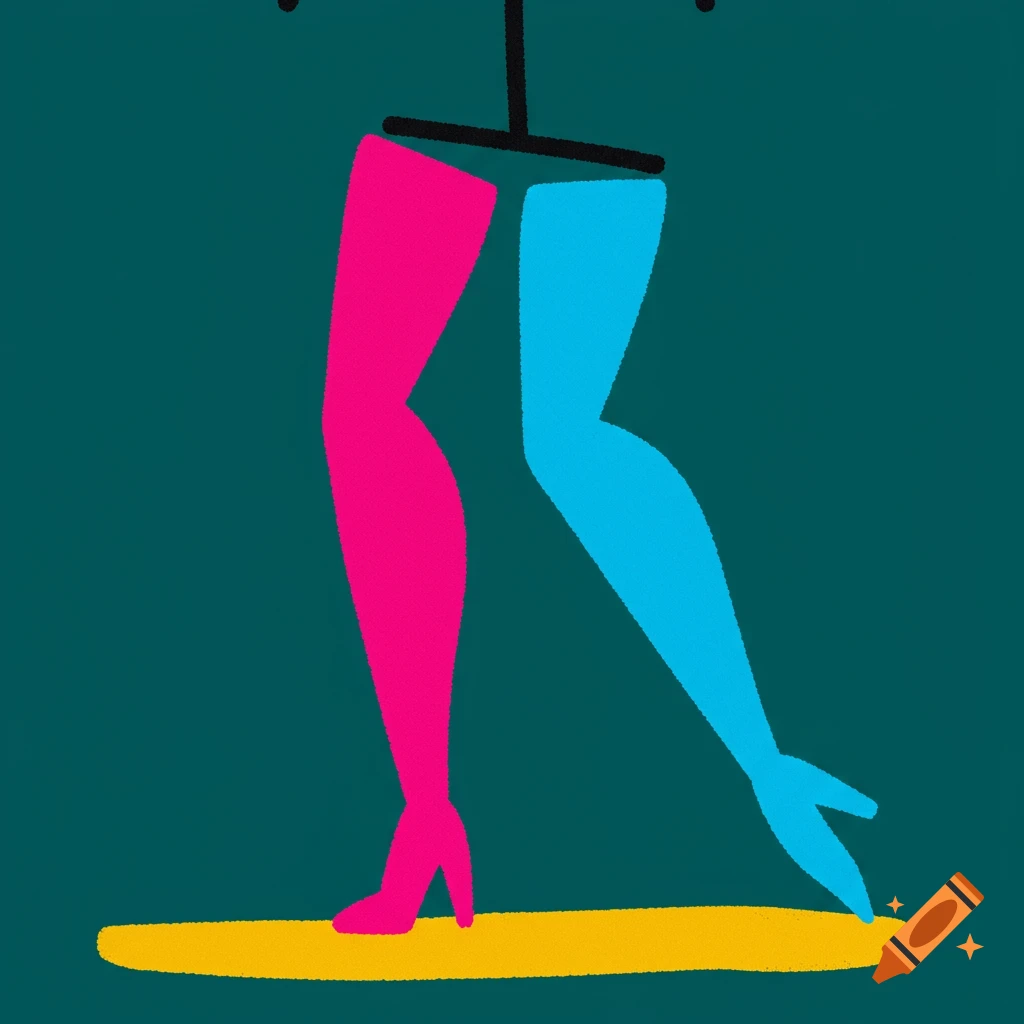 Abstract image of stylized pink and blue legs walking on a yellow line.