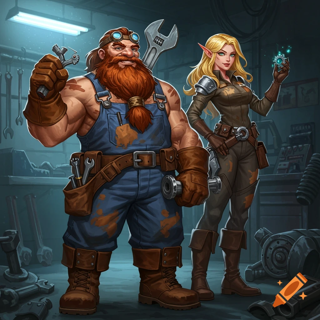 A dwarf and an elf dressed as mechanics in a workshop