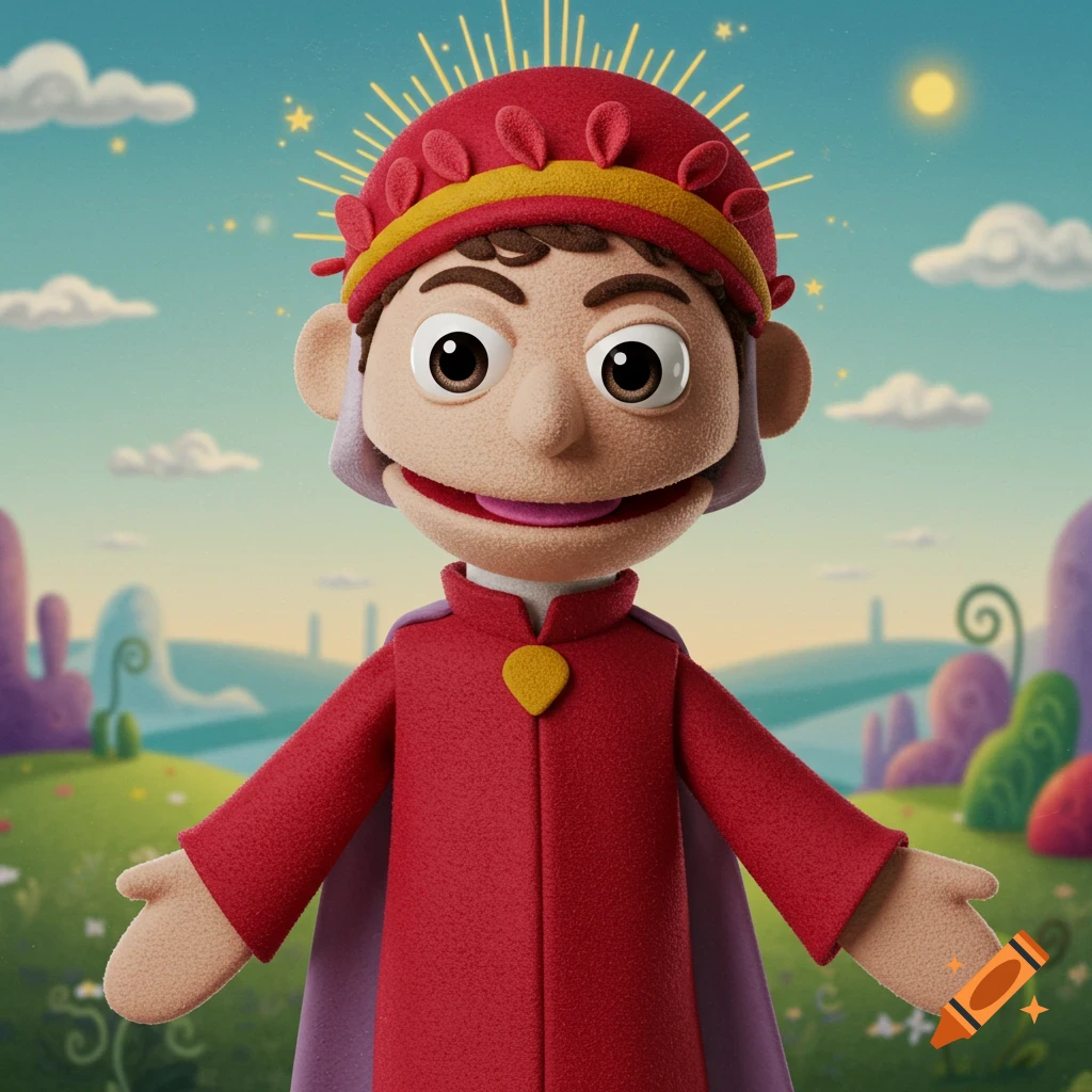 A puppet character in a fantasy landscape.